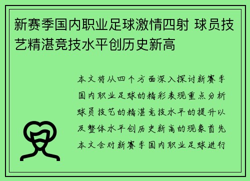 新赛季国内职业足球激情四射 球员技艺精湛竞技水平创历史新高
