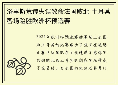 洛里斯荒谬失误致命法国败北 土耳其客场险胜欧洲杯预选赛